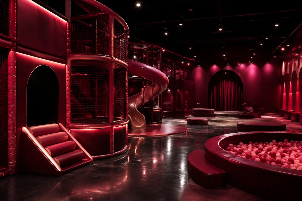 Vista general del salón de Familia en Juego, con estructuras de juego en tonos vino oscuro